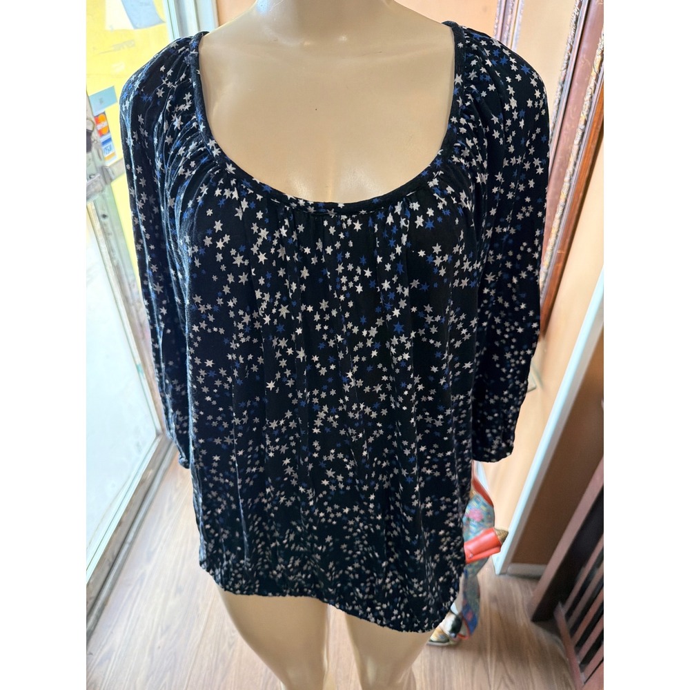 Michael Michael Kors Star Print Scoop Neck 3/4 Sleeve Blouse Black Blue‎ 1X